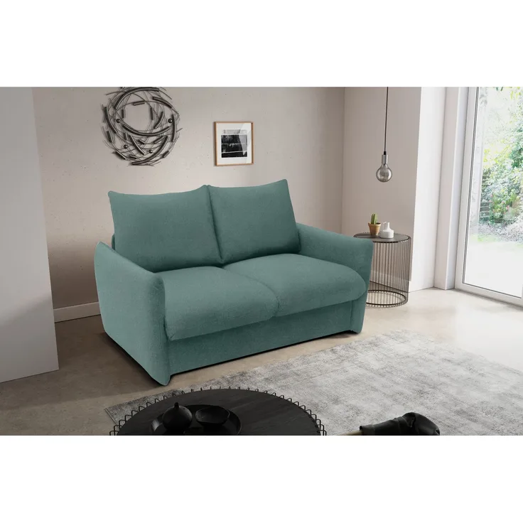 DOMO. collection Sofa 700023, 2 Sitzer, Schlaffunktion, Federkern, Füße mit Filzgleitern, 2er Couch, Schlafsofa, Polstergarnitur, 165 x 100 x 95 (BxTxH), blau (petrol)