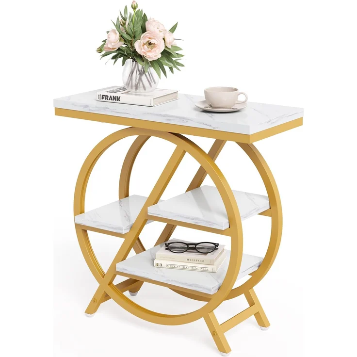 LITTLE TREE Beistelltisch, 4-stöckiger schmaler Beistelltisch aus Kunstmarmor mit großem Stauraum, moderner Nachttisch und Nachttisch für Wohnzimmer, Homeoffice, Schlafzimmer, Weiß und Gold – Bild 1