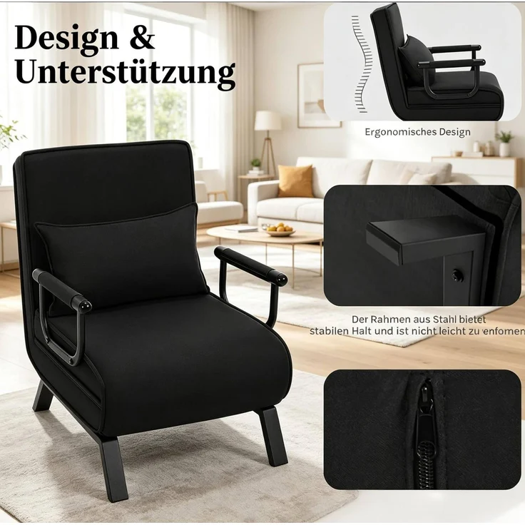 3-in-1 Schlafstuhl mit verstellbarer Rückenlehne, Sesselbett, 65 x 75 x 78 cm, Schwarz – Bild 6