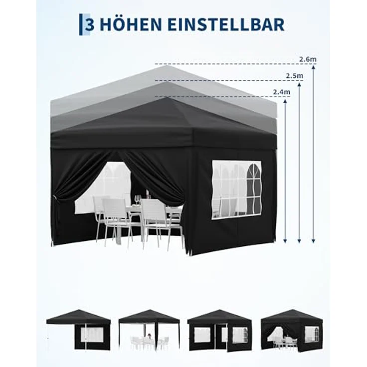 Faltpavillon 3x3 m wasserdicht stabil mit 4 Seitenwänden – Pop up Pavillon faltbar aus 420D Oxford, UV-Schutz 50+, 3-Fach höhenverstellbar, Partyzelt mit Tragetasche für Garten & Outdoor Schwarz – Bild 4