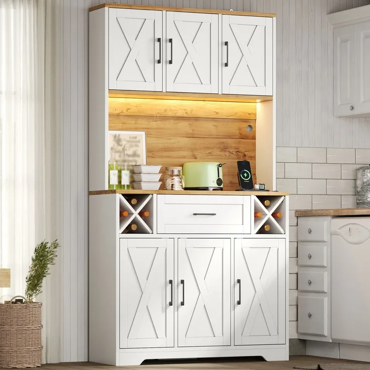 Küchenschrank, hoher Stauraumschrank mit LED-Beleuchtung, Vorratsschrank mit Weinregalen, Weinschrank & Vitrinenschrank für Wohnzimmer und Esszimmer, 180 × 105 × 40 cm--Natur + Weiß1--105x40x180cm--YOUDENOVA