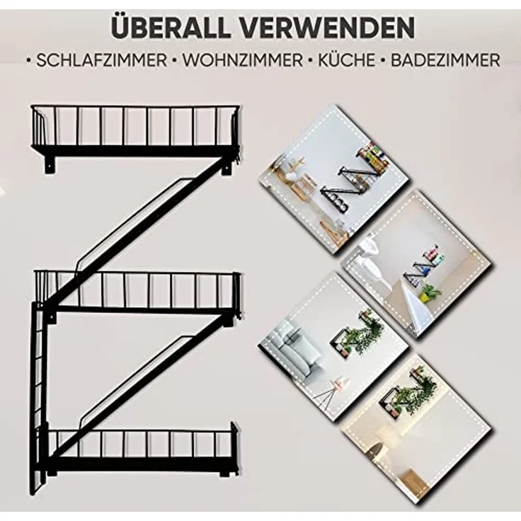 Coradoma Deko-Wandregal Fire Escape Hängeregal mit Leiter für Deko Schweberegal, Schwarz Metall – Bild 5