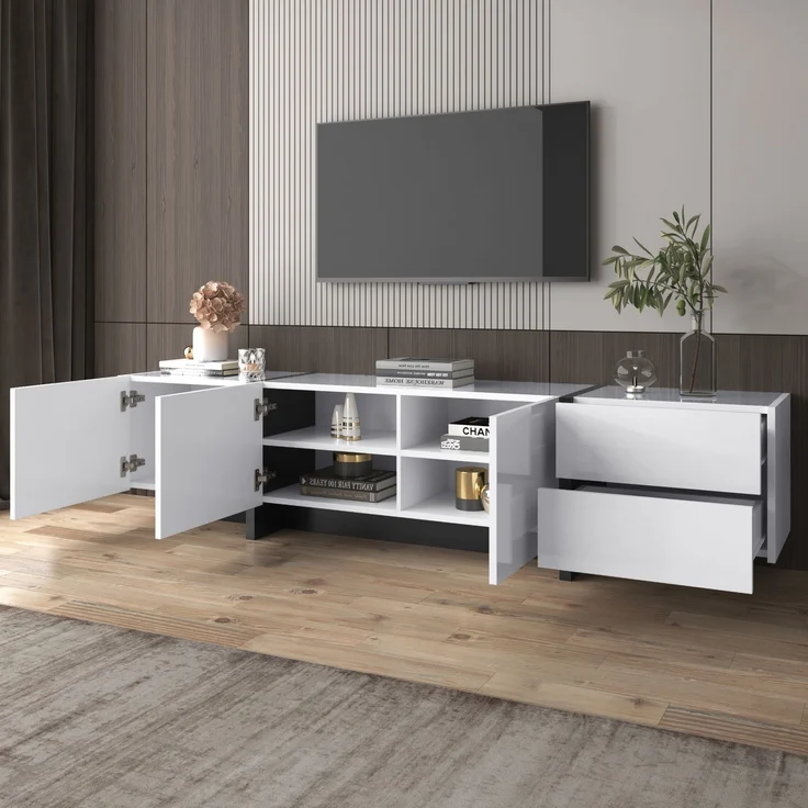 TV-Schrank Schwarz Weiß Hochglanz 190 x 45 x 35 cm mit 3 Türen & 2 Schubladen – Bild 2