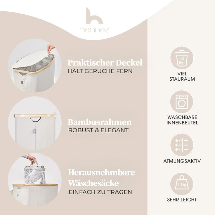 HENNEZ Wäschekorb Wäschebox 150L - Wäschekorb 3 Fächer mit Deckel, Wäschesortierer mit Wäschesack, schwarz Bambus – Bild 2