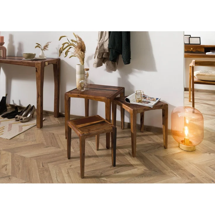 Beistelltisch 3er-Set Sheesham 50x50 / 40x40 / 31,5 x34 dunkelbraun lackiert ANCONA #251 – Bild 3