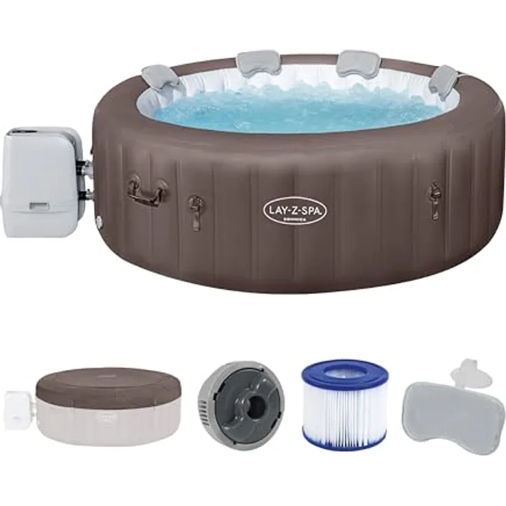 Bestway Lay-Z-SPA Whirlpool Dominica HydroJet, Ø 196 x 71 cm, 6 Personen, Heizung, Frostwächter, 4 HydroJet-Düsen, 140 AirJet-Düsen, App-Steuerung, Thermo-Abdeckung, Energieeffizient, Urbanbraun