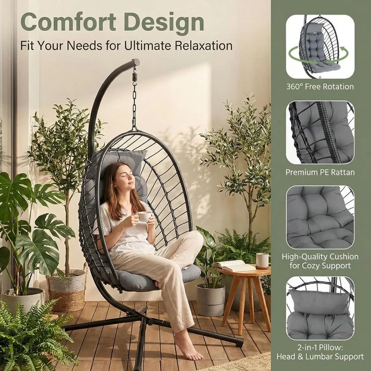 TLGREEN Hängesessel mit Gestell, Klappbarer Eiersessel, 360° Drehbar (Indoor & Outdoor Schaukelstuhl, Ergonomischer Relaxsessel mit Kissen), für Garten Balkon Wohnzimmer, Belastbar bis 160kg – Bild 3