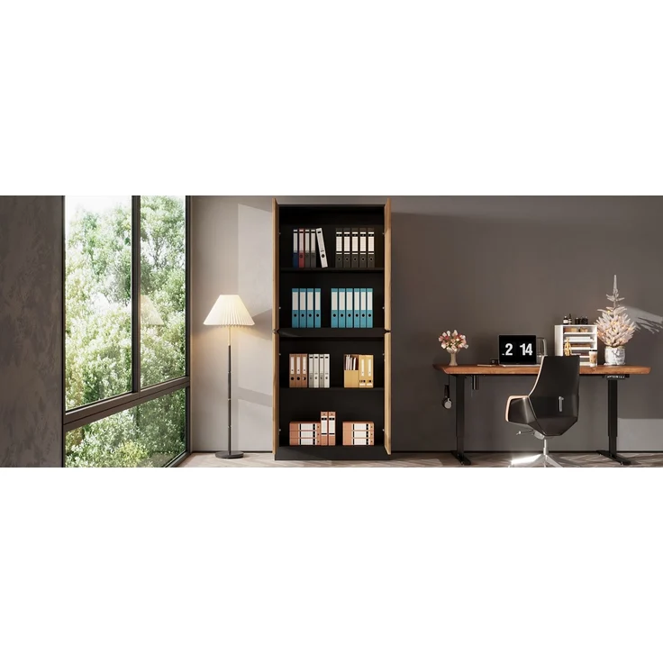 ZUBALIYA Aktenschrank80 x 35 x 180 cm, Mehrzweckschrank aus Holz in Schwarz & Eiche Optik, mit verstellbaren Einlegeböden, Bücherschrank, Aufbewahrungsschrank für Büro, Wohnzimme,Flur, Hochschrank,Flurschrank – Bild 13