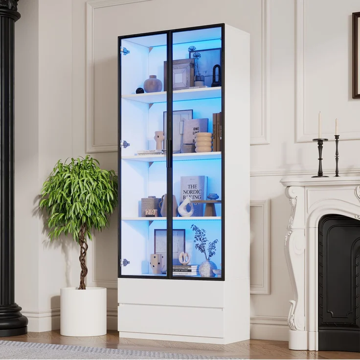 DESVIAE Regal-Vitrine Weiß aus Spanplatte – 80x200x34 cm – LED-Beleuchtung, 2 Schubladen – Bild 3