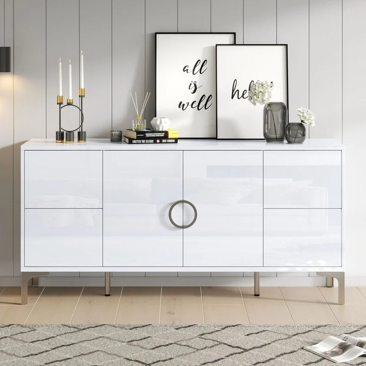 MODFU Sideboard in Hochglanz Weiß mit 4 grifflosen Schubladen (Packung, 1 St, Vielseitig als Esszimmerschrank oder schlichte Kommode nutzbar), 150x59,5x38 cm, stabil auf schlanken Metallstützfüßen – Bild 2