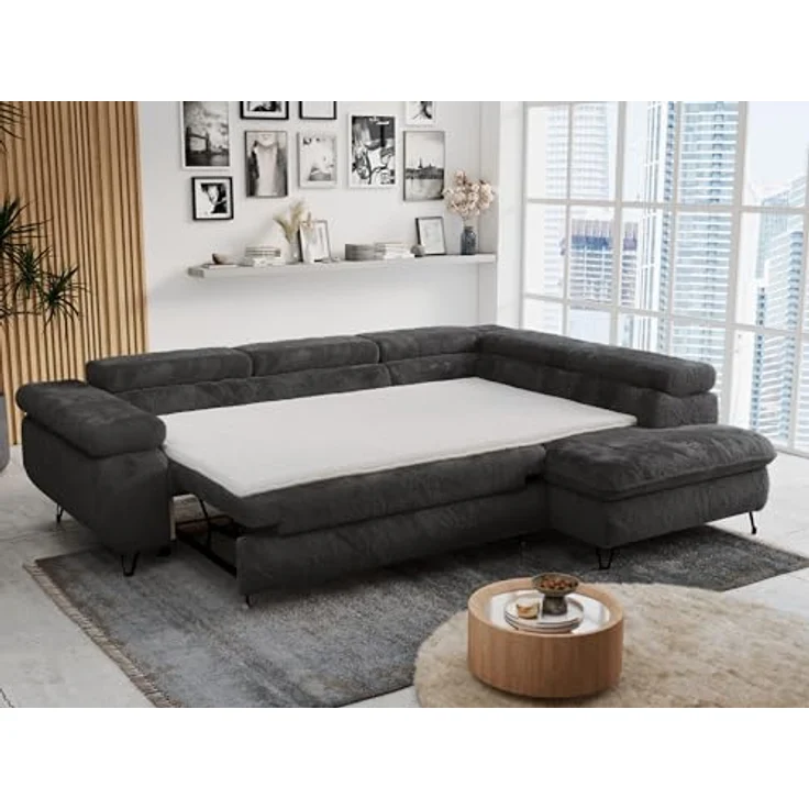 Ecksofa mit Bettfunktion, Modern Sofa, L-form, Einstellbare Kopfstützen, Bettkasten - PETER - Dunkelgrau Plüsch - rechts – Bild 5