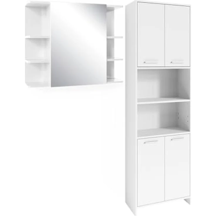 Vicco Badmöbelset Maris, Hochschrank und Spiegelschrank in Weiß mit höhenverstellbaren Einlegeböden und Melaminharzbeschichtung – Bild 1