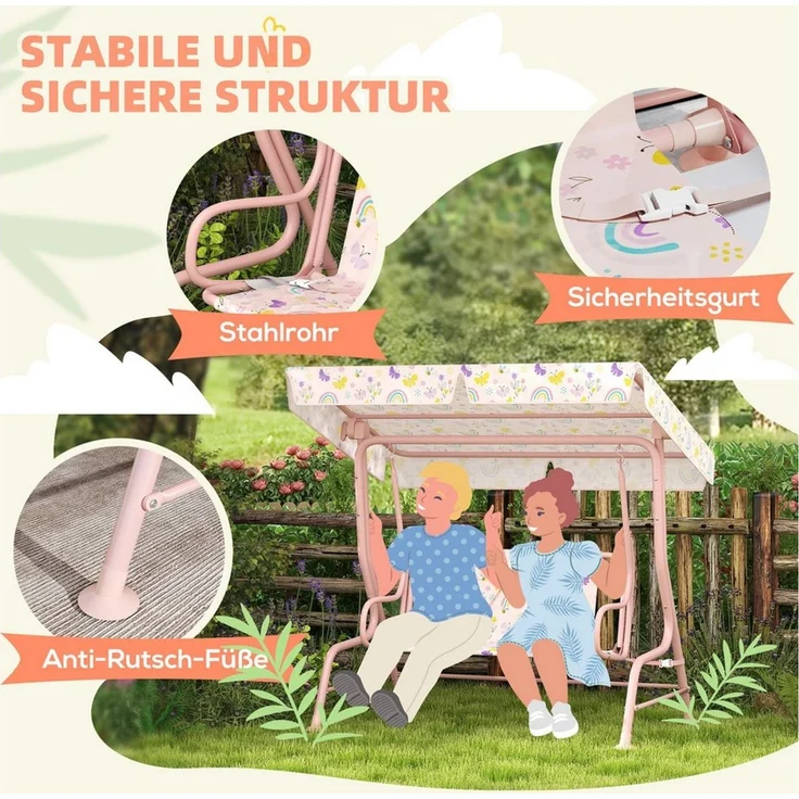 AIYAPLAY Hollywoodschaukel Kinderschaukel mit verstellbarem Sonnendach, Sicherheitsgurt, 2-Sitzer, verstellbarer Sonnenschutz, Gartenschaukel für 3-6 Jahre Kinder, 1 tlg, für 3-6 Jahre Kinder, Rosa 110 x 74 x 113 cm – Bild 3