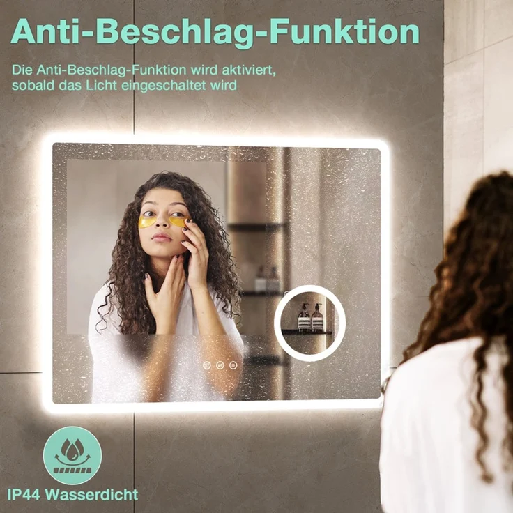 Gimbelen LED Badspiegel 80x60 cm, rechteckig, mit 3 Lichtfarben & Dimmfunktion, 3-fach Vergrößerung, Rasiersteckdose, Antibeschlag & Speicherfunktion, IP44, Silber – Bild 5