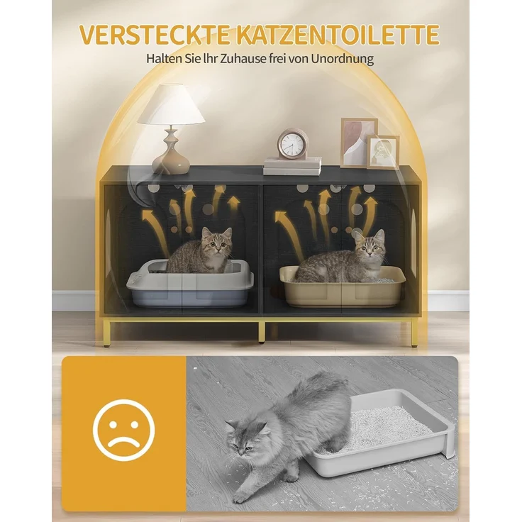 Katzenschrank für 2 Katzen, 119cm Versteckte Katzentoilettenmöbel, Hölzernes Haustierhaus, Aufbewahrungsschrankbank, Passend für die Meisten Katzentoilettenkä, Schwarz und Gold – Bild 6