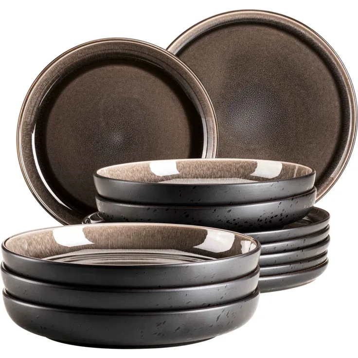 Modernes Teller Set für 6 Personen in aufregendem Vintage Look, 12-teiliges Tafelservice aus Keramik in Grau und Schwarz