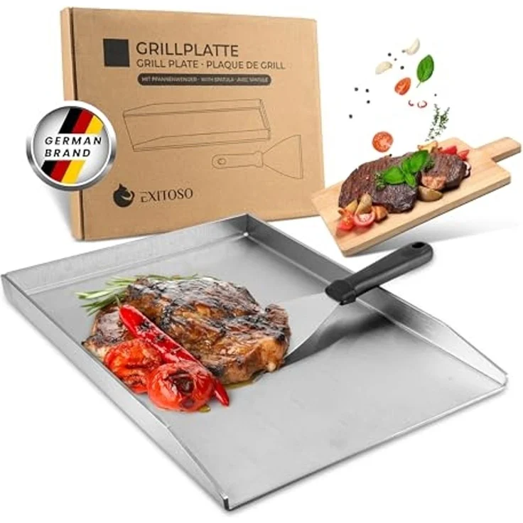 Exitoso Grillplatte 30x40 cm | Plancha Mit Grillspachtel | Gasgrill Aus Dickem & Rostfreiem Edelstahl | 4mm Dicke | Universalgröße – Bild 1