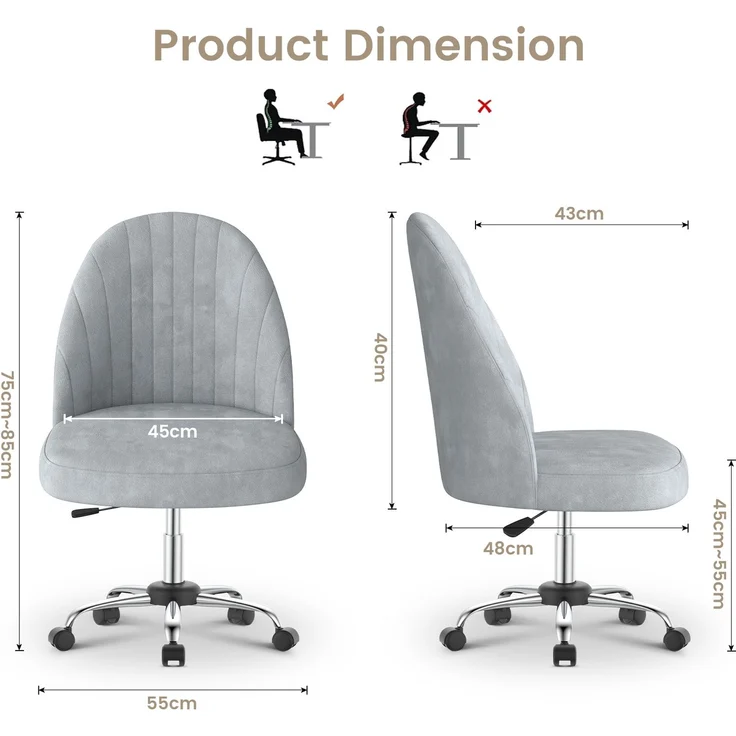 Botifly Bürostuhl ohne Armlehnen, Samt, Grau, 8 cm Polsterung, 360° Drehbar – Bild 4