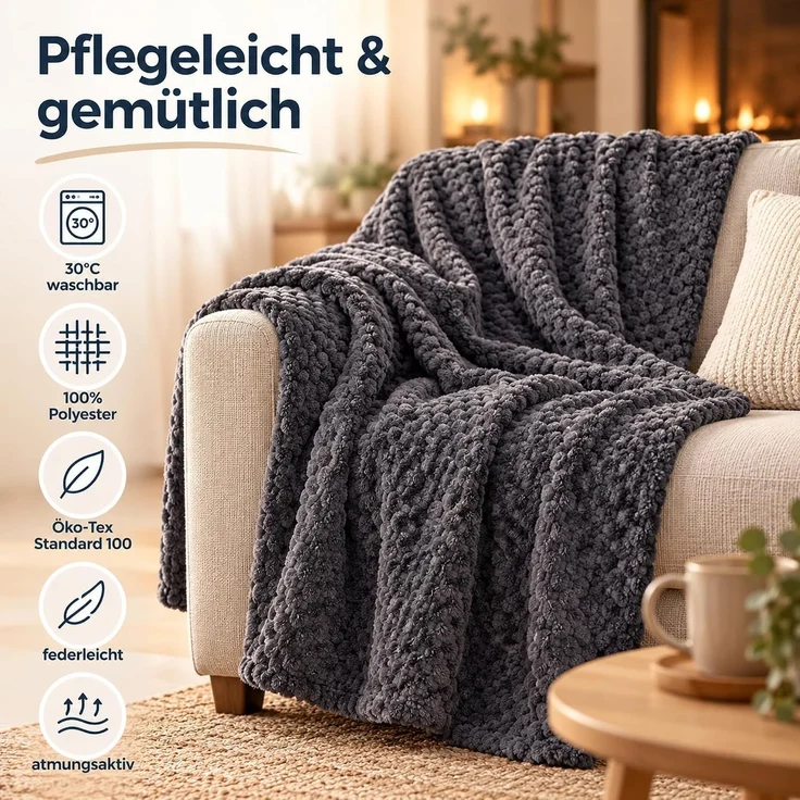 Kuscheldecke "Popcorn" Cashmere Soft-Touch Anthrazit 150x200 cm – Bild 7