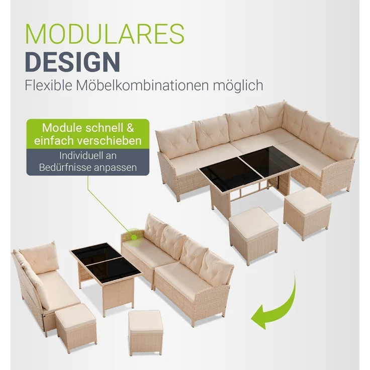 Juskys Polyrattan Lounge Manacor creme – Gartenlounge mit Sofa, Tisch, 2 Hocker & Kissen – Gartenmöbel Set bis 8 Personen – Sitzbezüge in Sand – Bild 6