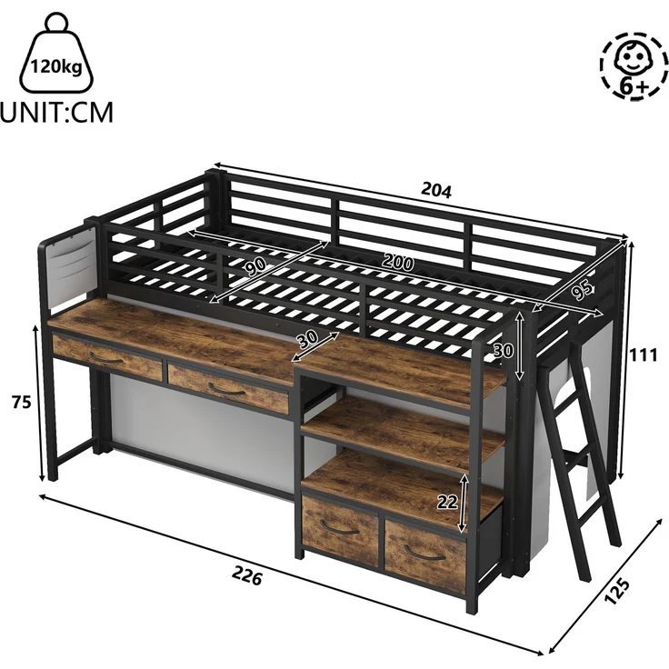 ZUBALIYA Hochbett 90x200 cm mit Schreibtisch, Stauraum und Stoffschubladen, Kinderbett aus Metall mit Vorhang, mehrschichtigem Regal und LED-Licht, Schwarz – Bild 15