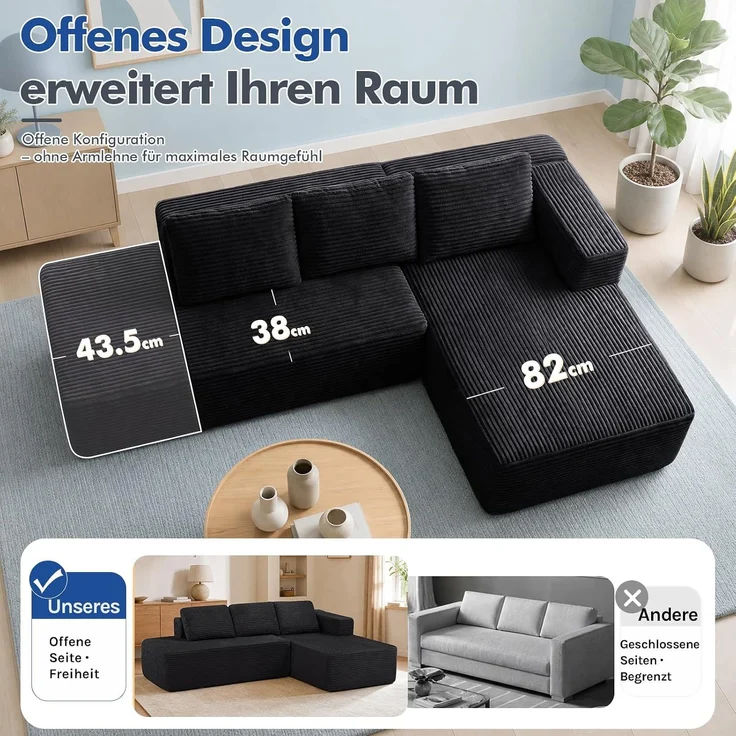 COMHOMA Ecksofa mit Schlaffunktion, 228cm Corduroy Modulares Boneless Couch mit Chaiselongue & Rücken-Metallgestell, L-Form Schlafsofa mit offenem Design, Kissen & Seitentaschen,für Wohnzimmer,Schwarz-L – Bild 9