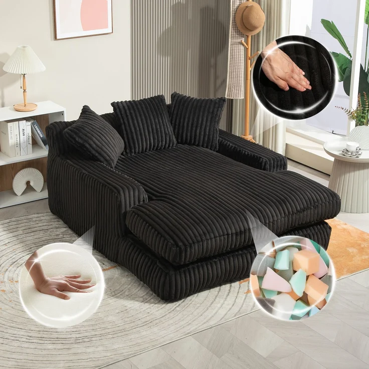 Chaiselongue Cord Sessel Indoor 125x155 cm Lounge-Sofa Relax-Sessel mit Kissen für Wohnzimmer Schlafzimmer,schwarz – Bild 1