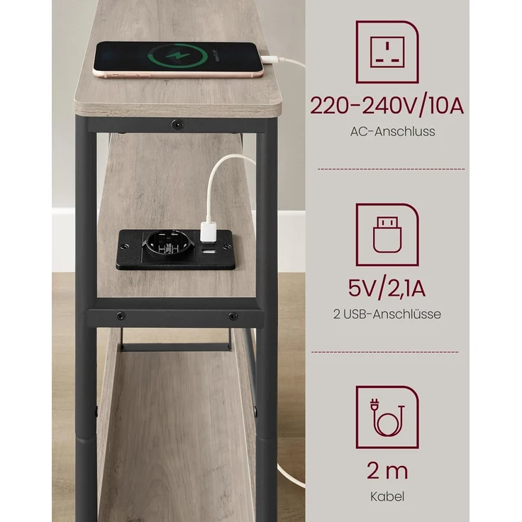 VASAGLE Beistelltisch schmal, Nachttisch mit Ladefunktion, Couchtisch klein, 3 Ablagen, Zeitschriftenhalter, für Wohnzimmer, Schlafzimmer, Arbeitszimmer, Greige meliert-tintenschwarz LET335K05 – Bild 6
