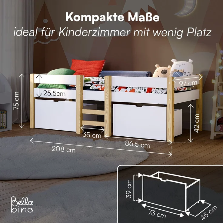 Bellabino 'Aspy' Halbhochbett 90x200 cm mit Matratze, weiß, Kinderbett mit 2 Schubladen, Rausfallschutz und Lattenrost, Hochbett mit Leiter – Bild 9