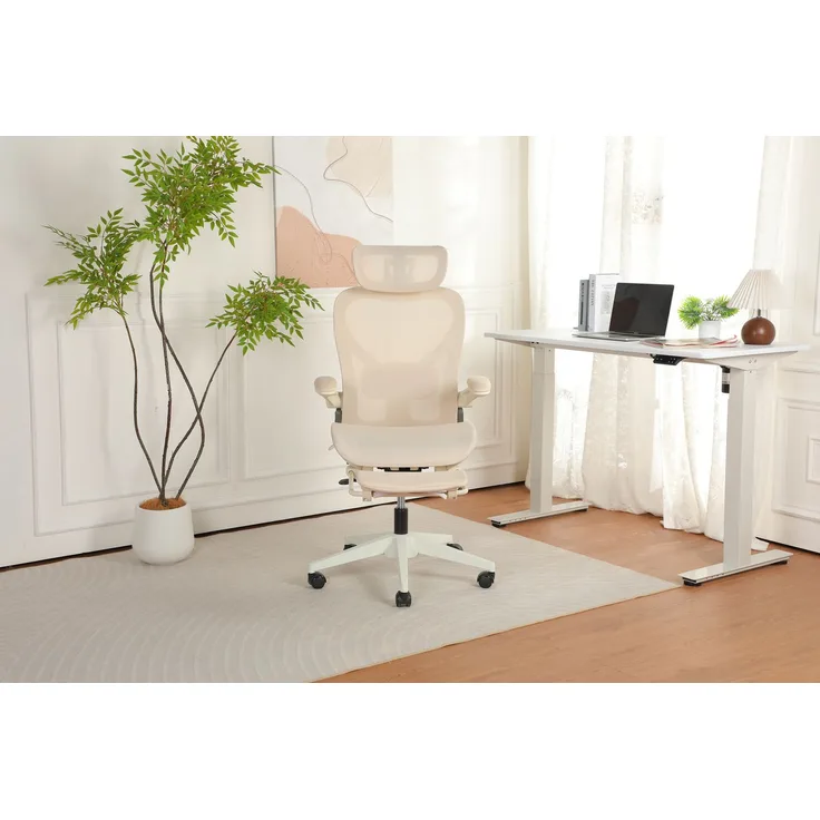 Klappbarer ergonomischer Bürostuhl, kleiner Platz-Klappstuhl mit Taillenstütze, Ganznetzschiebekissen, klappbare Armlehnen, 3D-Kopfstützen und Bürostuhl mit Arbeitspedalen,creme--Creme--129x48.5x62cm--YOUDENOVA