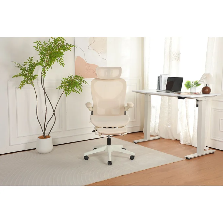 Klappbarer ergonomischer Bürostuhl, kleiner Platz-Klappstuhl mit Taillenstütze, Ganznetzschiebekissen, klappbare Armlehnen, 3D-Kopfstützen und Bürostuhl mit Arbeitspedalen,creme--Creme--129x48.5x62cm--YOUDENOVA – Bild 1
