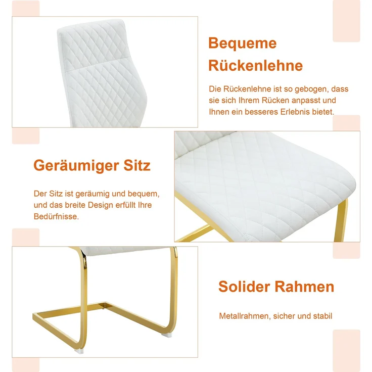 Esstischgruppe H 72 x T 60 x B 60 cm mit 2 Stühlen, MDF-Tischplatte, PU-Leder, goldfarbenes Metallgestell – Bild 6