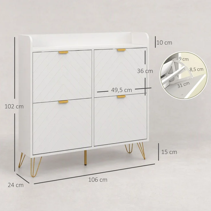 Schuhschrank mit 4 Klappen, mit verstellbarem Einlegeboden, Schuhaufbewahrung 106 x 24 x 102 cm, weiß – Bild 5