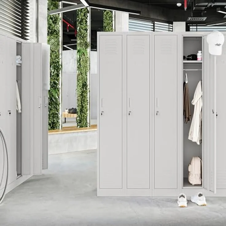 Jan Nowak Spind Schrank, Kleiderschrank, Metallschrank, Schließfachschrank | 2 Abteile mit Kleiderstange, Lüftungsschlitze, Trennwände, 4 Kleiderhaken pro Abteil | 180 x 60 x 50 cm, Grau – Bild 10