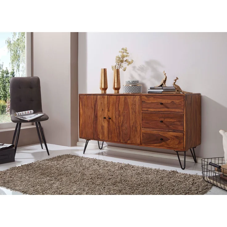 Sideboard WL5.629 Sheesham Massivholz 145x75x40cm Landhaus 3 Schubladen 2 Türen – Bild 6