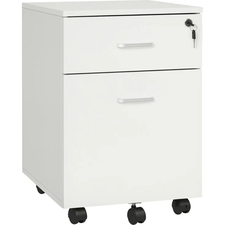 Bürokommode mit 2 Schubladen mit Schloss und 5 Rollen, 40.0×49.0×58.0cm, Weiß, MELAYR