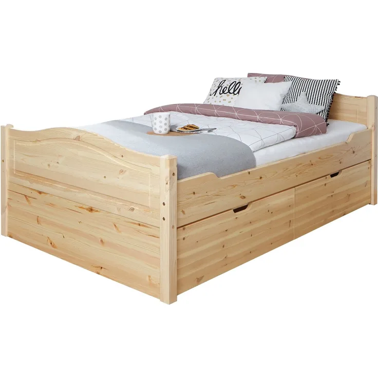 Ticaa Einzelbett 'Leni' 120x200 Kiefer massiv - mit 2er Schubkästen - natur