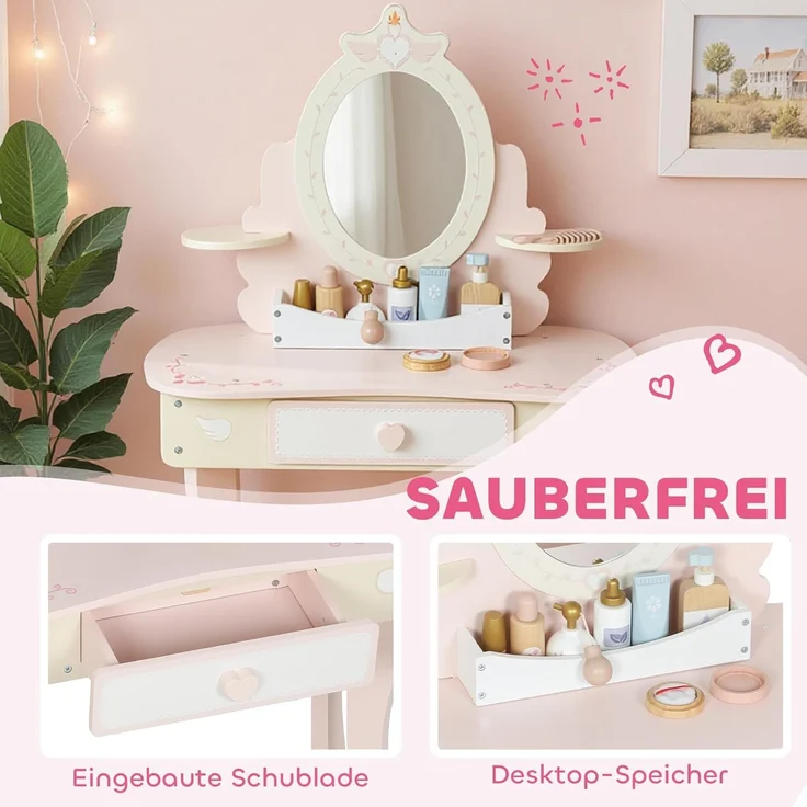 AIYAPLAY Schminktisch mit Hocker, Schublade, abnehmbar Spiegel, Regal, 7 Spielzubehörteilen (Frisiertisch, 2-St, 2-in-1-Kosmetiktisch), für Kinder ab 3 Jahre, Rosa – Bild 5
