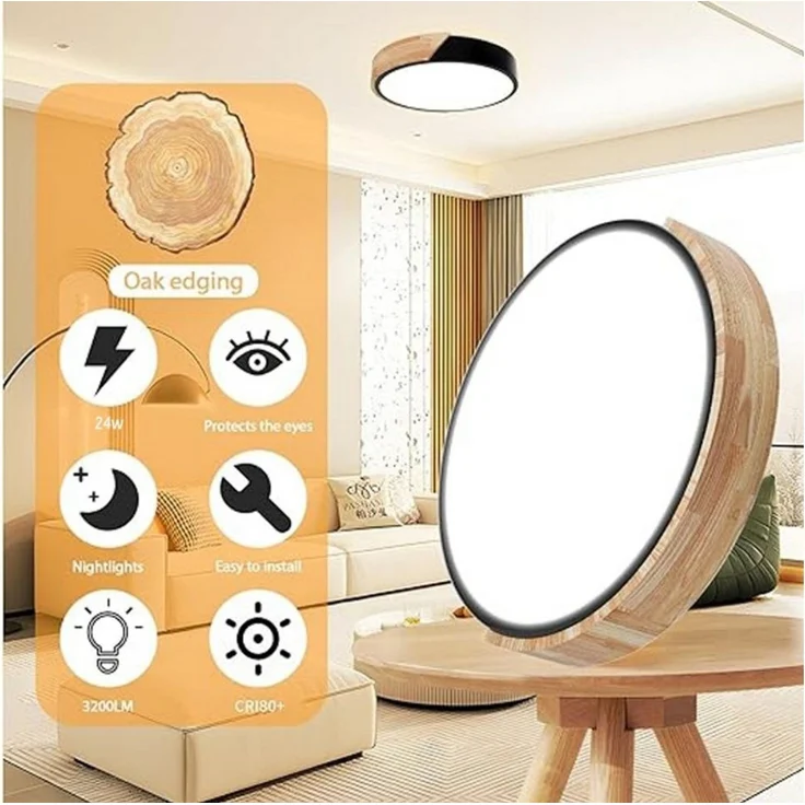POPOLIC LED Deckenleuchte 24-W-moderne Leuchte, Deckenleuchte Holz, dimmbare Decke 3000k-6000k, ferngesteuerte LED-Deckenleuchte, für Wohnzimmer und Flur, Schwarz – Bild 4
