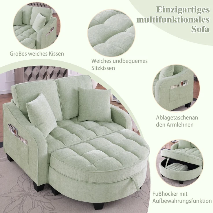 Multifunktionales Sofa, 2-in-5 Sofa-Bett mit Aufbewahrungs-Hocker atmungsaktiver Stoff für kleine Räume, Stoff und Eukalyptusholz, Black, – Bild 4