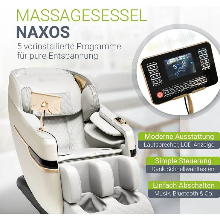 Juskys Massagesessel Naxos, mit LCD-Bedienfeld, Bluetooth, Airbags, Heizung, Rollenmassage, USB & Fußverlängerung, Fix-Point-Technologie - Weiß/Hellgrau – Bild 2