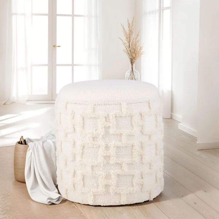 Wohnling Sitzhocker mit Stauraum 45x40 cm Strukturstoff Creme Polsterhocker Wohnzimmer Schlafzimmer – Bild 4