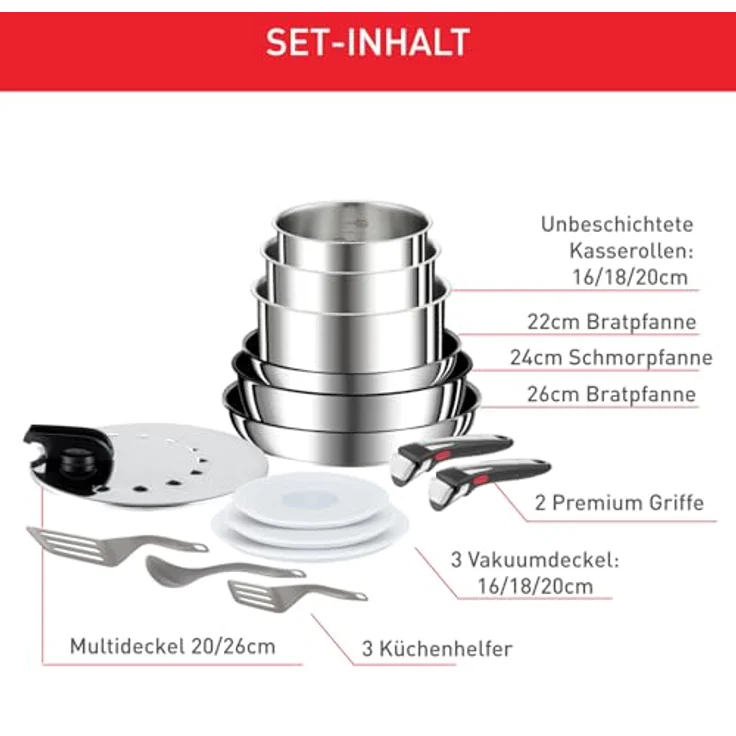 Tefal Ingenio Preference On 15-teiliges Topf und Pfannenset abnehmbarer Griff, stapelbar, platzsparend, Topfset Induktion mit Antihaftversiegelung, einfache Handhabung und Reinigung, L97495 – Bild 5