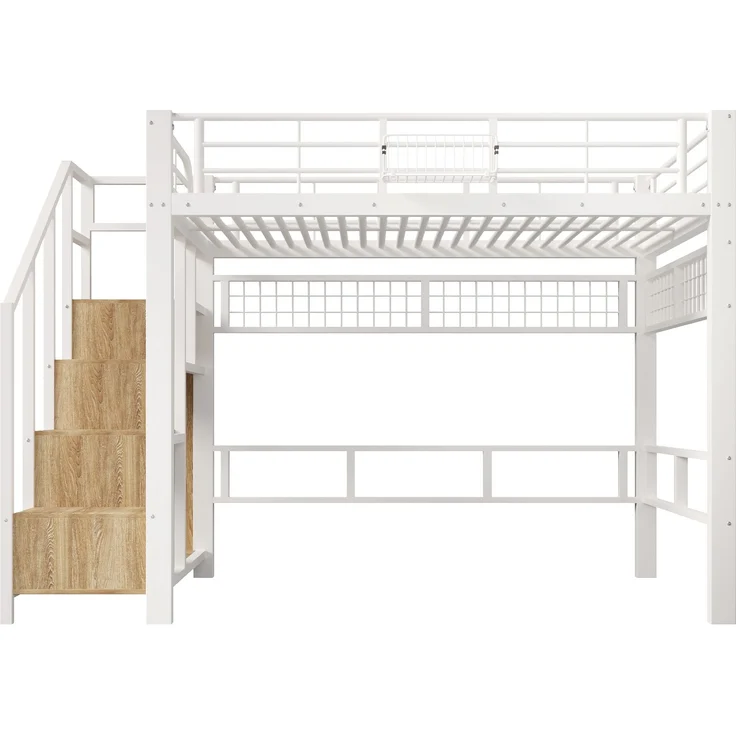Merax Hochbett, Kinderbett 140×200cm, Jugendbett, mit LED-Lichtleiste, Treppenkonstruktionen mit Stauraum, Ohne Matratze, Weiß – Bild 8