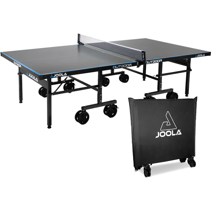 JOOLA Tischtennis-Set J500A, wetterfeste Tischtennisplatte mit Abdeckhaube und 8 mobilen Rollen, anthrazit