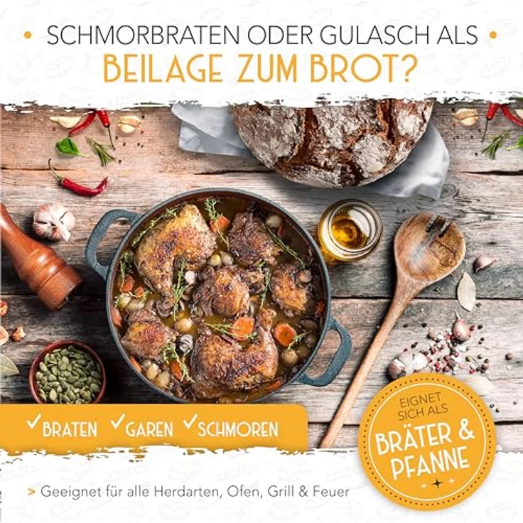 Krustenzauber Brotbackform 26cm Gusseisen Topf Brot Backen inkl. Gärkorb, (Robuster Brottopf mit Deckel - Idealer Brotbacktopf), Brotbackset Gusseisentopf Brotbacken, Brot Backen Zubehör, Brotform – Bild 7