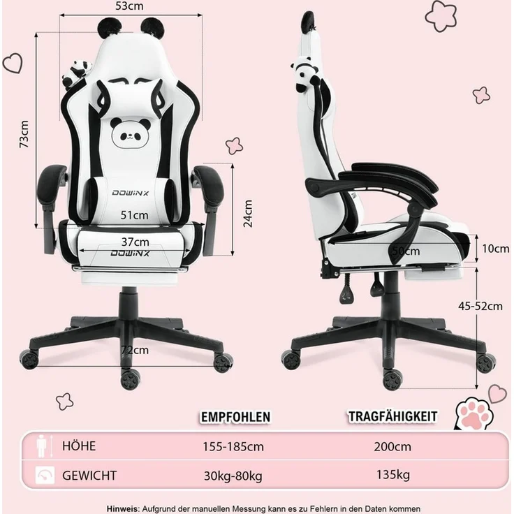 Dowinx Gaming-Stuhl Süße Katze Edition mit Katzenohren und Plüschtier (Packung), Ergonomischer Stuhl mit Hoher Rückenlehne und Lendenwirbelstütze – Bild 4