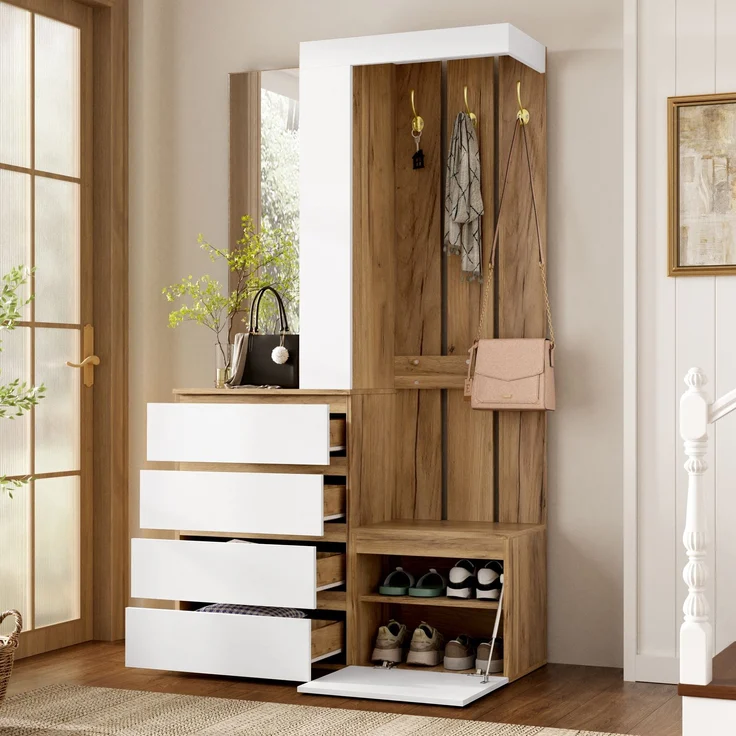 Garderoben-Set 100x35x180 cm mit Spiegel, 4 Schubladen, Tür und Haken – Bild 1
