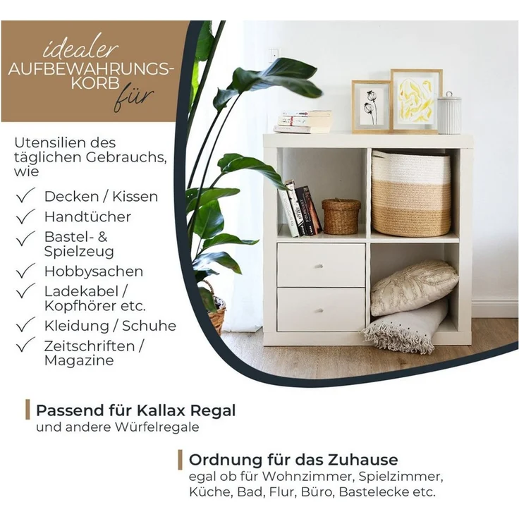 HMF Aufbewahrungskorb Aufbewahrungskorb mit versteckten Griffen, runder Korb passend für Kallax, 31 x 31 cm, Weiß-Braun – Bild 2