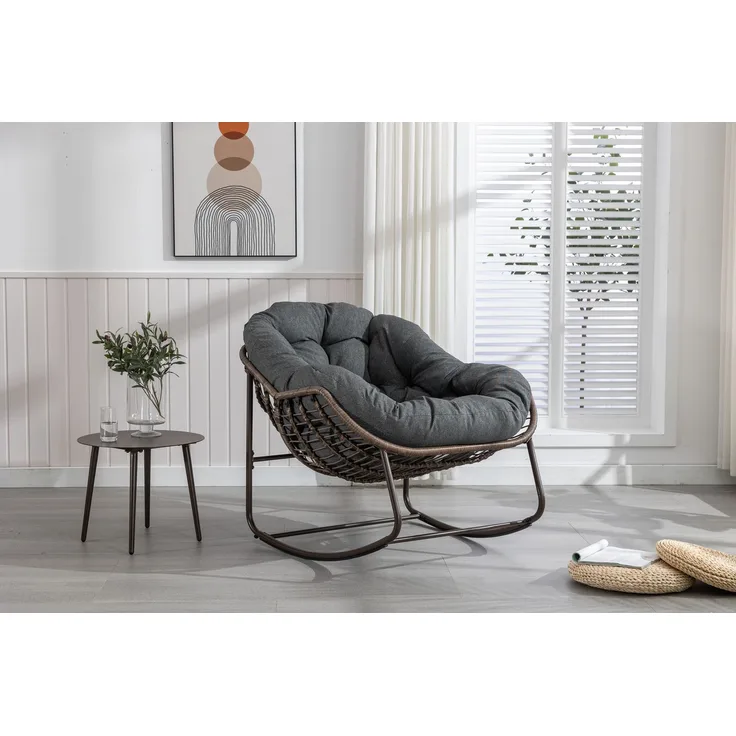 Gartenschaukelstuhl, extragroßer Schaukelstuhl aus Korbgeflecht in Eiform, bequemer Schaukelstuhl für drinnen und draußen mit dickem Kissen, moderner Lounge-Sessel für Balkon, Veranda, Garten, Terrasse, Hinterhof, Dunkelgrau – 93 x 73 x 23 cm – YOUDENOVA
